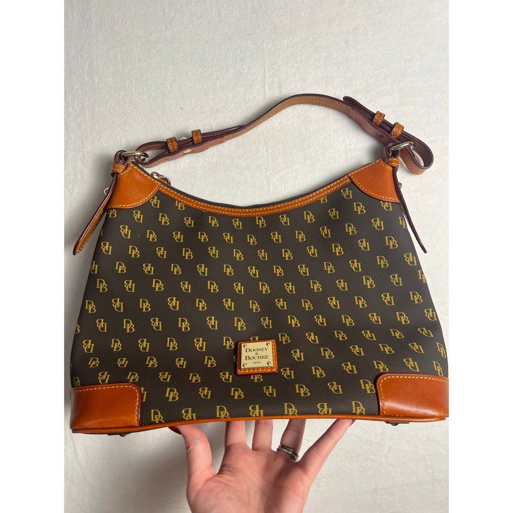 Dooney & Bourke Gretta Hobo Bag Medium Brown Monogram Coated Canvas Leather Trim